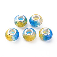 Crackle Two Tone Resin European Beads, Large Hole Beads, with Silver Tone Brass Double Cores, Rondelle, Yellow, 14x9.5mm, Hole: 5mm(RPDL-T003-06I)