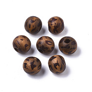 Printed Natural Wood Beads, Dyed, Round with Leopard Print Pattern, Coconut Brown, 12mm, Hole: 3mm(WOOD-R266-03)