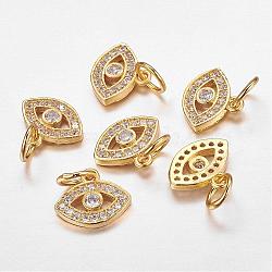 CZ Brass Micro Pave Cubic Zirconia Evil Eye Charms, Golden, 9x11x2mm, Jump Ring: 5x0.8mm(ZIRC-L018-10G)