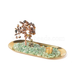 Natural Tiger Eye Money Tree Buddha Sculpture Set Incense Burner & Natural Green Aventurine on Trays for Wealth, Good Luck, Yoga Meditation Home Decor, 180x100x84.5mm(DJEW-G027-19RG-05)