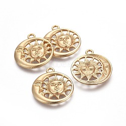 Alloy Pendants, Sun & Moon, Lead Free & Nickel Free & Cadmium Free, Real 18K Gold Plated, Matte Gold Color, 30x26.5x3mm, Hole: 2.5mm(TIBEP-Q064-22MG-NR)