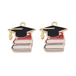 Back to School Alloy Enamel Pendants, Graduation Cap & Book Charms, Light Gold, Black, 22.5x20x1mm, Hole: 1.6mm(ENAM-Q004-01KCG-04)