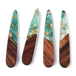 Transparent Resin & Walnut Wood Pendants, with Gold Foil, Teardrop Charms, Waxed, Light Sea Green, 44x7.5x3.5mm, Hole: 1.5mm(X-RESI-N039-69B)