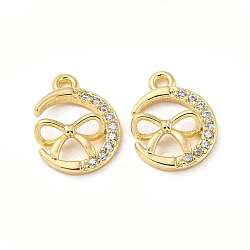 Brass Micro Pave Cubic Zirconia Charms, Moon with Bowknot, Real 18K Gold Plated, 13x10x2.5mm, Hole: 1.2mm(KK-H460-58G)