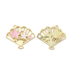 Alloy Enamel Pendants, Golden, Fan with Flower Charm, Pink, 25.5x30x2mm, Hole: 1.8mm(ENAM-D046-30G-03)