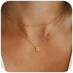 Bohemian Style Stainless Steel Double Layer Initial Pendant Necklaces, Golden, Letter R, 15.75~19.69 inch(40~50cm)(FS-WGDC616-15)