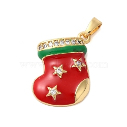 Christmas Theme Rack Plating Brass Cubic Zirconia Pendants, with Enamel, Long-Lasting Plated, Lead Free & Cadmium Free, Real 18K Gold Plated, Christmas Socking, 19x7x4mm, Hole: 4x2mm(KK-K385-119G-04)