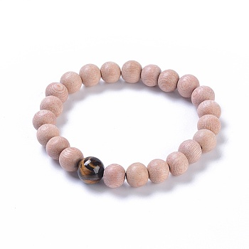 Wood Beaded Stretch Bracelets, with Natural Tiger Eye Beads, Round, 2-1/8 inch(53mm)