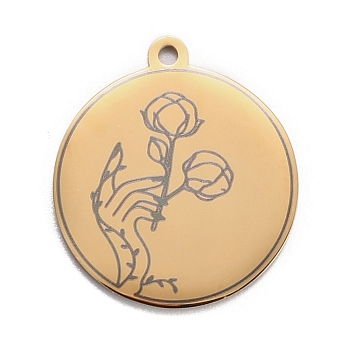 304 Stainless Steel Pendants, Flat Round with Hand & Flower, Golden, 28x25x1.4mm, Hole: 2mm