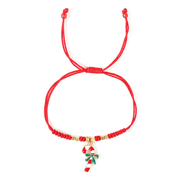 Christmas Theme Adjustable Glass Braided Bead Bracelets, Alloy Enamel Charm Bracelets for Women, Candy Cane, 11 inch(28cm)