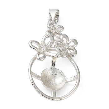 Platinum Plated Brass Pendant Cabochon Settings, Pearl Basket Pendant Prongs Mounting Settings with Crystal Rhinestone, Flower, Tray: 7.2mm, 31x16.8x6.4mm, Hole: 4.5x3.5mm