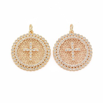 Brass Micro Pave Clear Cubic Zirconia Pendants, Nickel Free, Flat Round with Cross, Real 18K Gold Plated, 24.5x22.5x2mm, Hole: 1mm, jump ring: 5mm in diameter, 0.8mm thick, inner diameter: 3mm