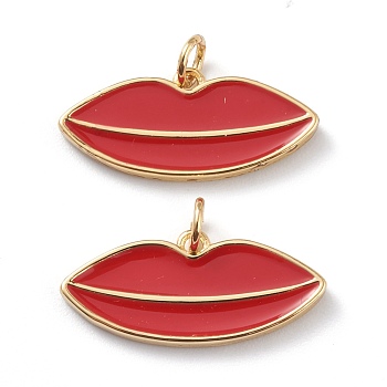 Brass Enamel Pendants, Long-Lasting Plated, With Jump Rings, Red Lip, Real 18K Gold Plated, 11x24x2mm, Hole: 3mm, Jump Ring: 5x1mm
