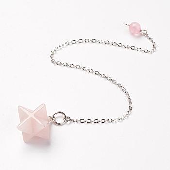 Chakra Natural Rose Quartz Dowsing Pendulums, with Brass Chains, Merkaba Star, 215~230mm