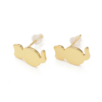 Rack Plating Brass Cat Stud Earrings for Women, Real 18K Gold Plated, 13.5x7.5mm, Pin: 0.8mm