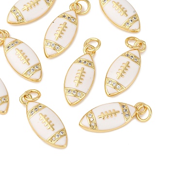 Brass Micro Pave Cubic Zirconia Pendants, Rugby, with Enamel and Jump Ring, Lead Free & Cadmium Free, Long-Lasting Plated, Floral White, 19.5x8.5x3.5mm, Hole: 3.5mm