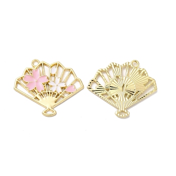 Alloy Enamel Pendants, Golden, Fan with Flower Charm, Pink, 25.5x30x2mm, Hole: 1.8mm