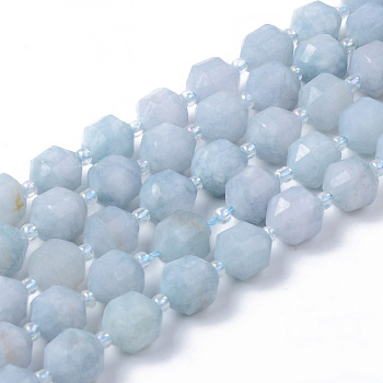 Natural Aquamarine Beads Strands, Round, Dyed, Faceted, 8~9x10mm, Hole: 1.2mm, about 33~35pcs/strand, 15.16inch(38.5cm)