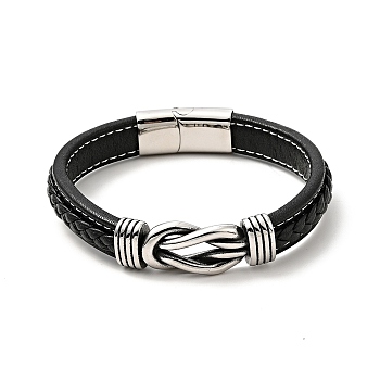 304 Stainless Steel Knot Link Bracelet with Magnetic Clasp, Gothic Bracelet with Microfiber Leather Cord for Men Women, Black, 8-7/8 inch(22.5cm)