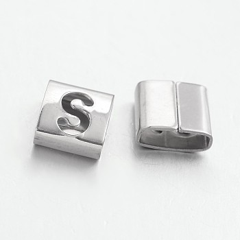 Tarnish Resistant Letter Style 201 Stainless Steel Square Slide Charms, Letter.S, 9x8x4mm, Hole: 8x3mm