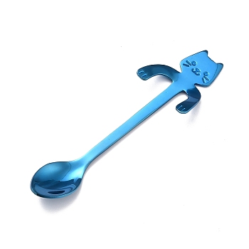 304 Stainless Steel Hanging Spoon, Cat Shape, Blue, 116x32x8.5mm
