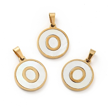 Vacuum Plating 304 Stainless Steel with White Shell Pendants, Golden, Flat Round with Letter Charm, Letter.O, 18x16x1.5mm, Hole: 3x6mm