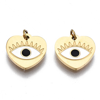 316 Surgical Stainless Steel Enamel Charms, with Jump Rings, Real 14K Gold Plated, Heart with Evil Eye, White, 9.5x10x1mm, Jump Ring: 2.7x0.4mm, 1.9mm inner diameter