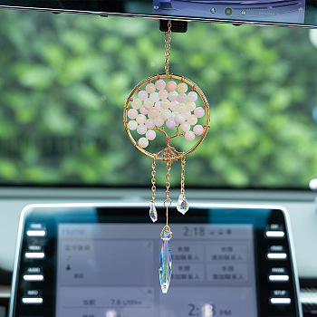 Natural Morgan Jade Tree of Life Pendant Decorations, with Brass Finding and Glass Charm, for Car Rearview Mirror Hanging Ornaments, 300x70mm