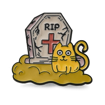 Halloween Theme Enamel Pins, Alloy Brooch, Tombstone with Cat, 28x30mm