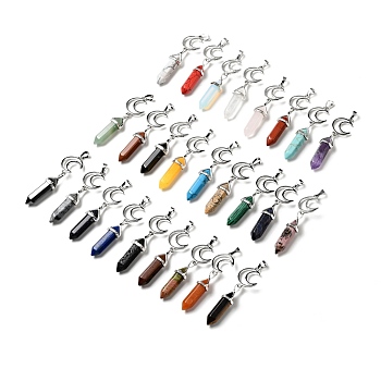 Natural & Synthetic Gemstone Double Terminated Pointed Big Pendants, with Platinum Tone Brass Findings, Cadmium Free & Lead Free, Moon with Bullet, Mixed Dyed and Undyed, Faceted, 70~75mm, Hole: 4.6x8mm