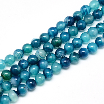 Natural Striped Agate/Banded Agate Beads Strands, Dyed, Round, Dark Cyan, 8mm, Hole: 1mm, about 48pcs/strand, 14.9 inch