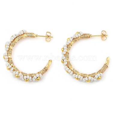 304 Stainless Steel & Bohemian Beaded C-Shaped with Flower Stud Earrings for Women(EJEW-R001-03G-02)-2