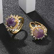 Sunflower Natural Amethyst Finger Rings, Golden Tone Brass Rhinestone Cuff Rings, Rack Plating, Long-Lasting Plated, Lead Free & Cadmium Free, Sunflower: 19x19mm, Inner Diameter: 17mm(RJEW-B113-03G-08)