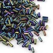 Plated Glass Bugle Beads, Iris, Green Plated, 6x2mm, Hole: 1mm, about 450g/bag, about 10000pcs/bag(SEED-R012-705)