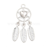 Rack Plating Alloy Rhinestone Pendants, Lead Free & Cadmium Free & Nickel Free, Woven Net/Web with Feather, Heart, Crystal, Silver, 34x13x4mm, Hole: 2mm(PALLOY-F311-19S-01)