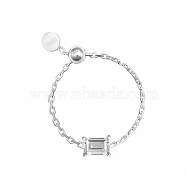 Geometric Shape 925 Sterling Silver Adjustable Chain Finger Rings, with Cubic Zirconia, Rectangle, Silver(KH7724-8)