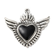 Alloy Pendants, with Black Enamel, Antique Silver, Heart with Wing Charm, 36x39x4mm(ENAM-Q503-02AS-09)