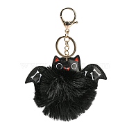 Halloween Alloy Keychain, with PU Imitation Leather and Plush Pompom, Bat, Black, 15.35cm(KEYC-M023-03C)
