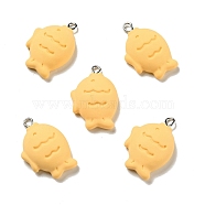 Opaque Resin Pendants, Fish Charm, Imitation Food, with Platinum Tone Iron Loops, Gold, 27x19x8mm, Hole: 2x2.8mm(RESI-G043-D03-A)