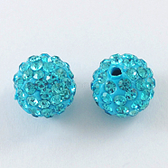 Pave Disco Ball Beads, Polymer Clay Rhinestone Beads, Round, Aquamarine, 10mm, Hole: 1.5mm(X-RB-A130-10mm-3)