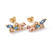 Colorful Cubic Zirconia Flower Stud Earrings, Rack Plating Brass Jewelry for Women, Cadmium Free & Lead Free, Real 18K Gold Plated, 7x17mm, Pin: 0.7mm(EJEW-C030-03G)