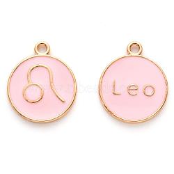 Alloy Enamel Pendants, Cadmium Free & Lead Free, Flat Round with Constellation, Light Gold, Pink, Leo, 22x18x2mm, Hole: 1.5mm(X-ENAM-S124-01A-09G)