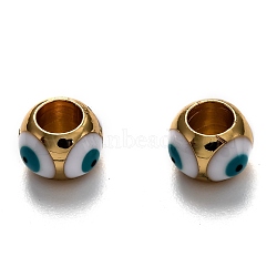 Brass European Enamel Beads, Long-Lasting Plated, Real 18K Gold Plated, Large Hole Beads, Round with Evil Eye, White, 7.5~8x6mm, Hole: 4mm(KK-B028-25G-C)