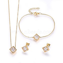 304 Stainless Steel Jewelry Sets, Pendant Necklaces & Stud Earrings & Bracelets, with Cubic Zirconia, Rhombus, Golden, 16.93 inch(43cm), 7-1/8 inch(18cm), 12x12x4mm, Pin: 0.8mm(SJEW-H137-25G)
