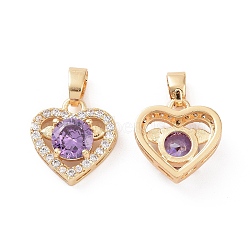 Brass Micro Pave Cubic Zirconia Charms, Heart, Clear & Purple, Real 18K Gold Plated, 13x12.5x5mm, Hole: 4.2x3mm(KK-E068-VC444)