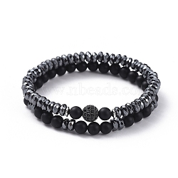 Stretch Bracelet Sets, with Non-magnetic Synthetic Hematite Bead & Brass Cubic Zirconia Beaded Bracelets and Natural Black Agate(Dyed) Beaded Bracelets, Black, 2-1/8 inch(53mm), 2pcs/set(BJEW-JB05030)