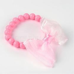 Opaque Acrylic Beads Stretch Kids Bracelets, with Handmade Woven Bowknot, Flamingo, 45mm(BJEW-JB02303)