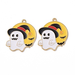 Halloween Theme Alloy Enamel Pendants, Light Gold, Ghost with Hat, White, 32x27.5x1mm, Hole: 2mm(FIND-E024-03LG)