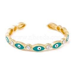 Horse Eye Brass Pave Clear Cubic Zirconia Evil Eye Open Cuff Bangles with Enamel for Women, Real 18K Gold Platend, Dark Turquoise, Inner Diameter: 2-1/8~2-3/8 inch(5.5~6cm), 7mm(BJEW-S147-06G-01)