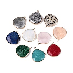 Natural & Synthetic Mixed Stone Pendants, Teardrop Charms, with Light Gold Tone Brass Findings, Mixed Dyed and Undyed, 33~34x29~30x6~8mm, Hole: 2mm(G-Q606-35KCG)